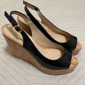 NWT Stuart Weitzman Black Cork Riviera Patent Leather Slingback Wedge Women’s 9